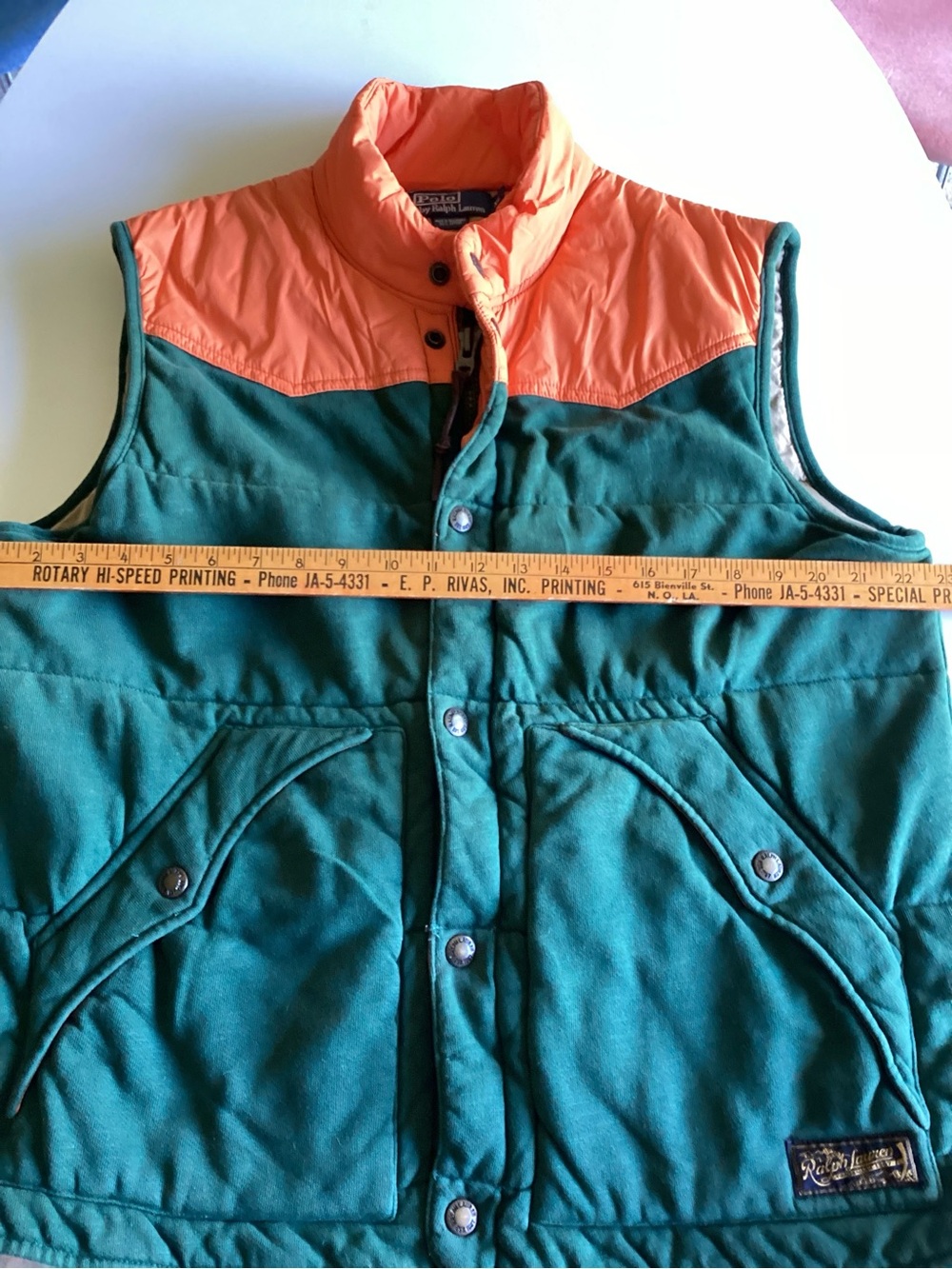 Vintage Polo Ralph Lauren Green Quilted Vest with Orange Yoke - Picture 10 of 14